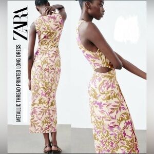 Zara Metallic Thread Dress - Pink and Gold Floral